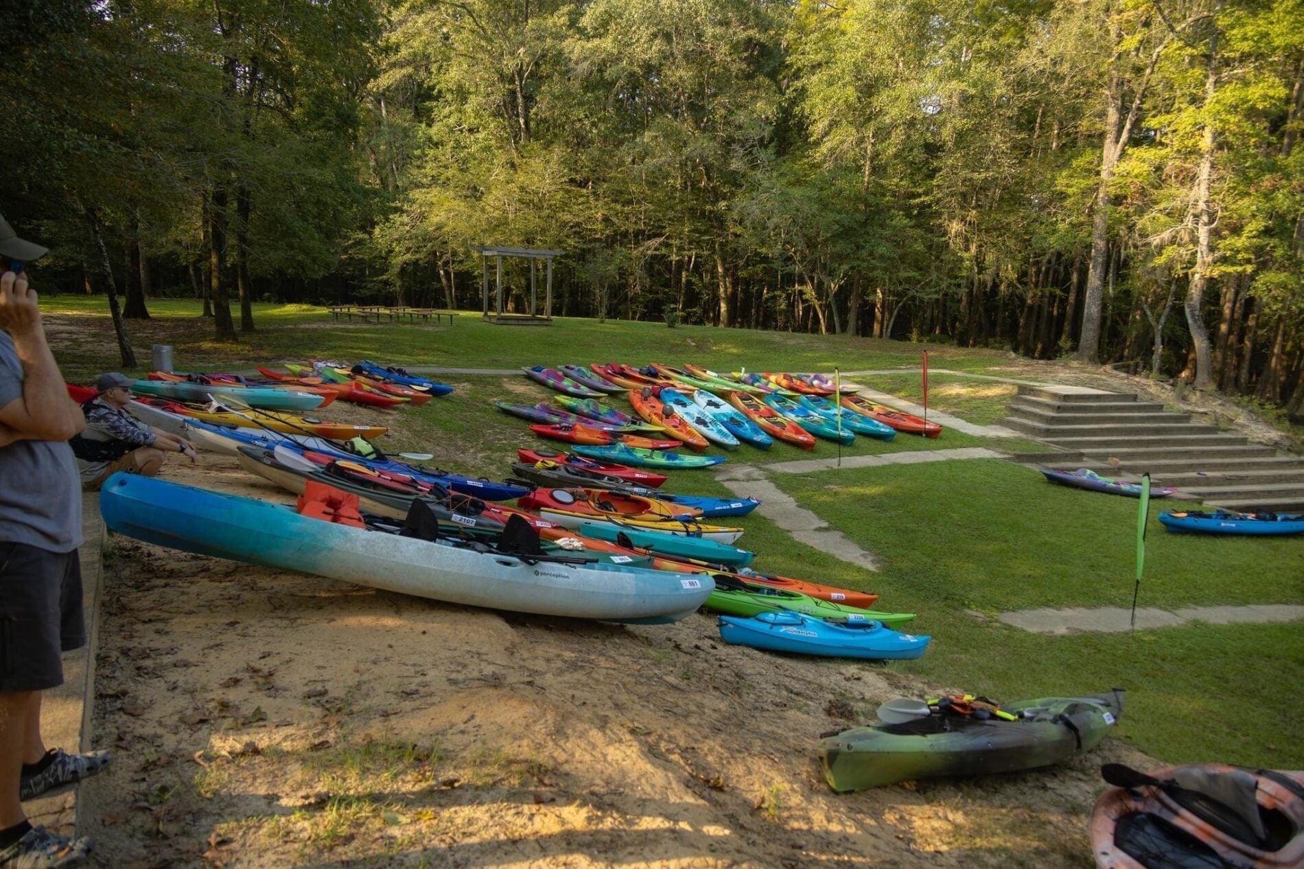 Kayak Launch at Lynches River County Park kayaks on the bank at Lynches River County Park ready to launch into the outdoors