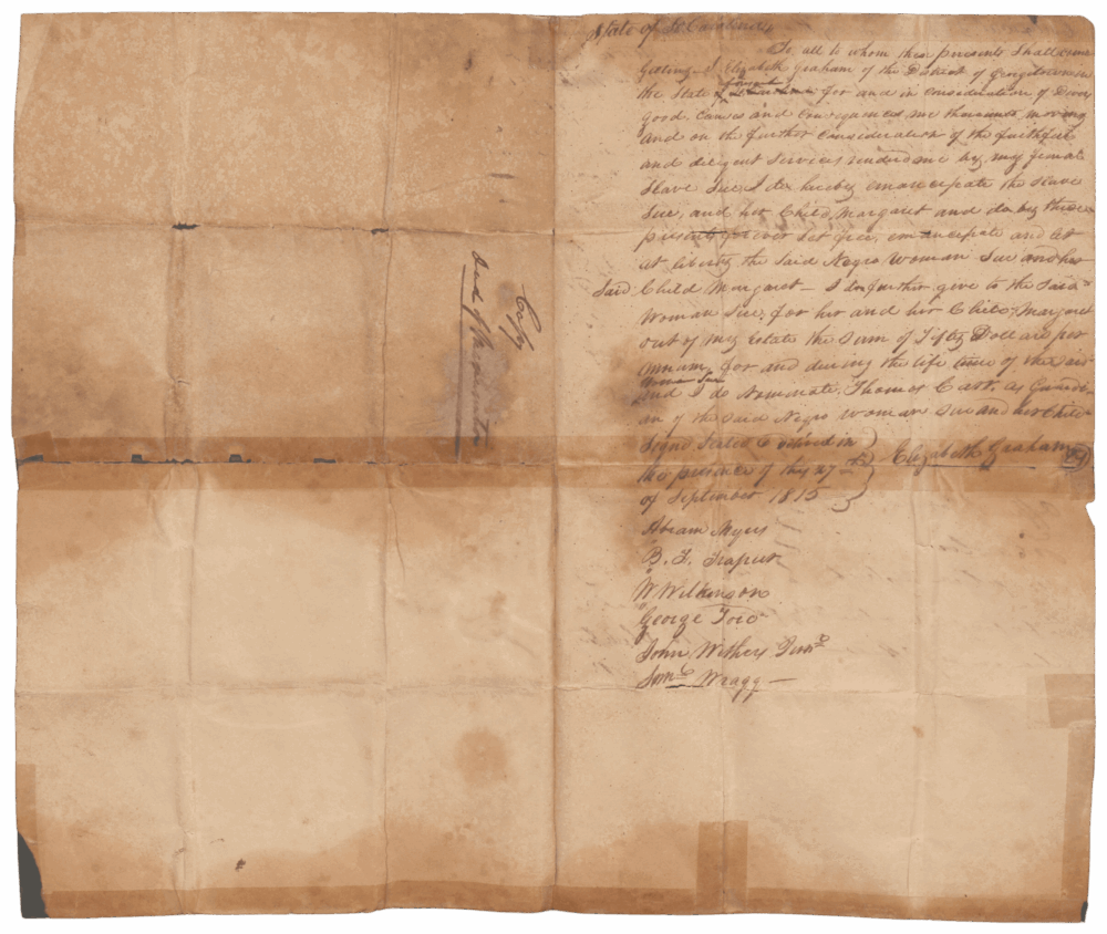 Deed of manumission freeing Sue, an enslaved woman, and her daughter Margaret, Georgetown, South Carolina, 1815 October 6 - Pg 2