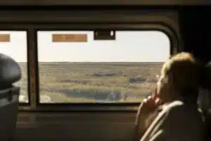 Image of person looking out window of train enroute to Florence, SC